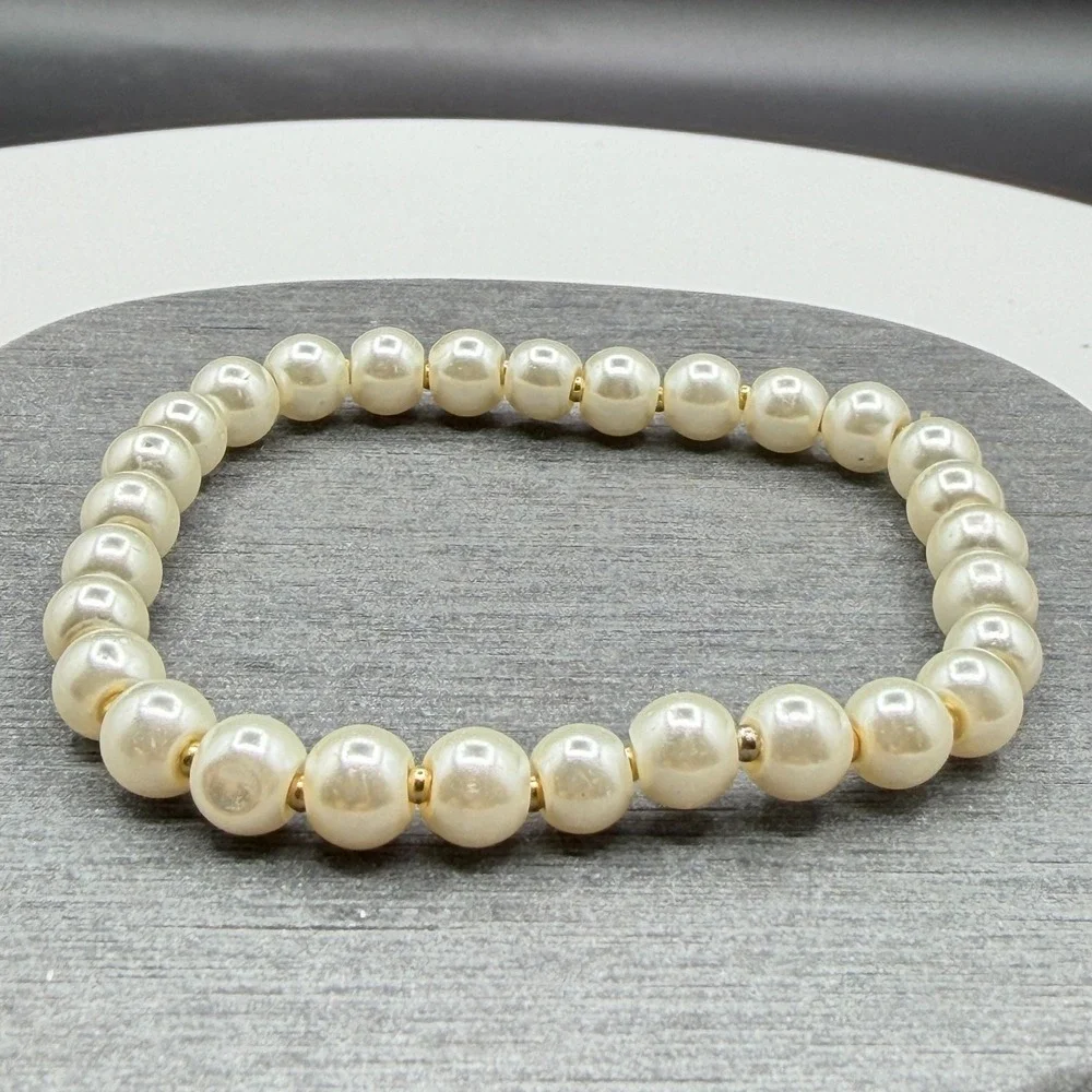 Faux Pearl Gold Tone Spacer Bead Stretch Bracelet Cream Classic Bridal Jewelry